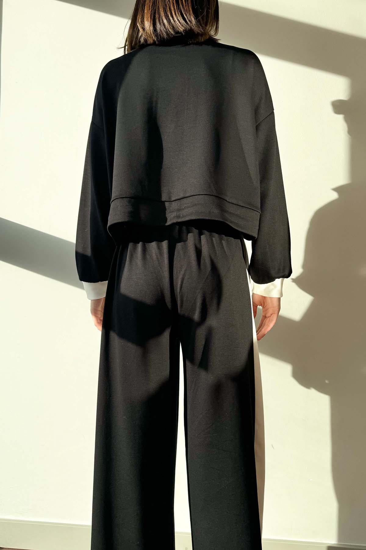 Siyah Yaka Detaylı Sweatshirt ve Pantolon Modal Takım
