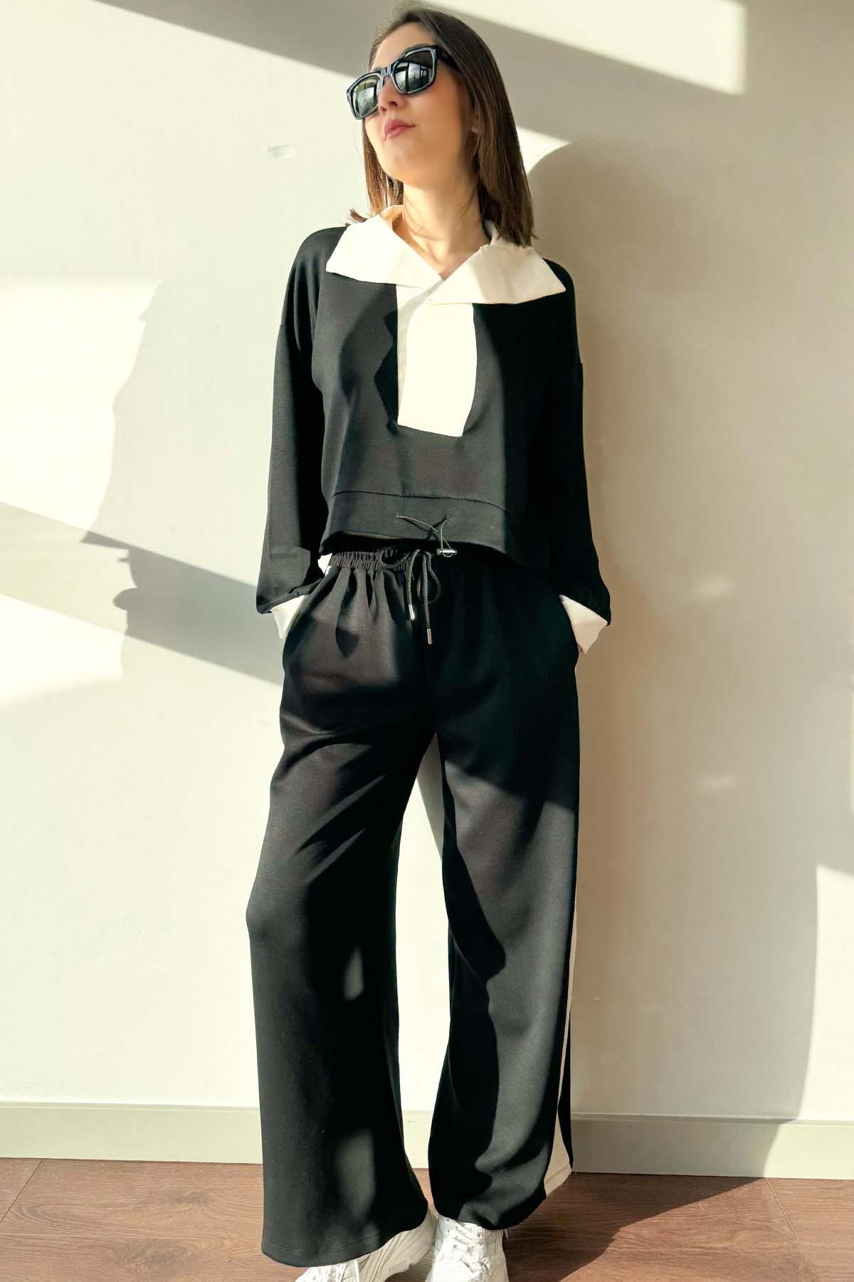 Siyah Yaka Detaylı Sweatshirt ve Pantolon Modal Takım