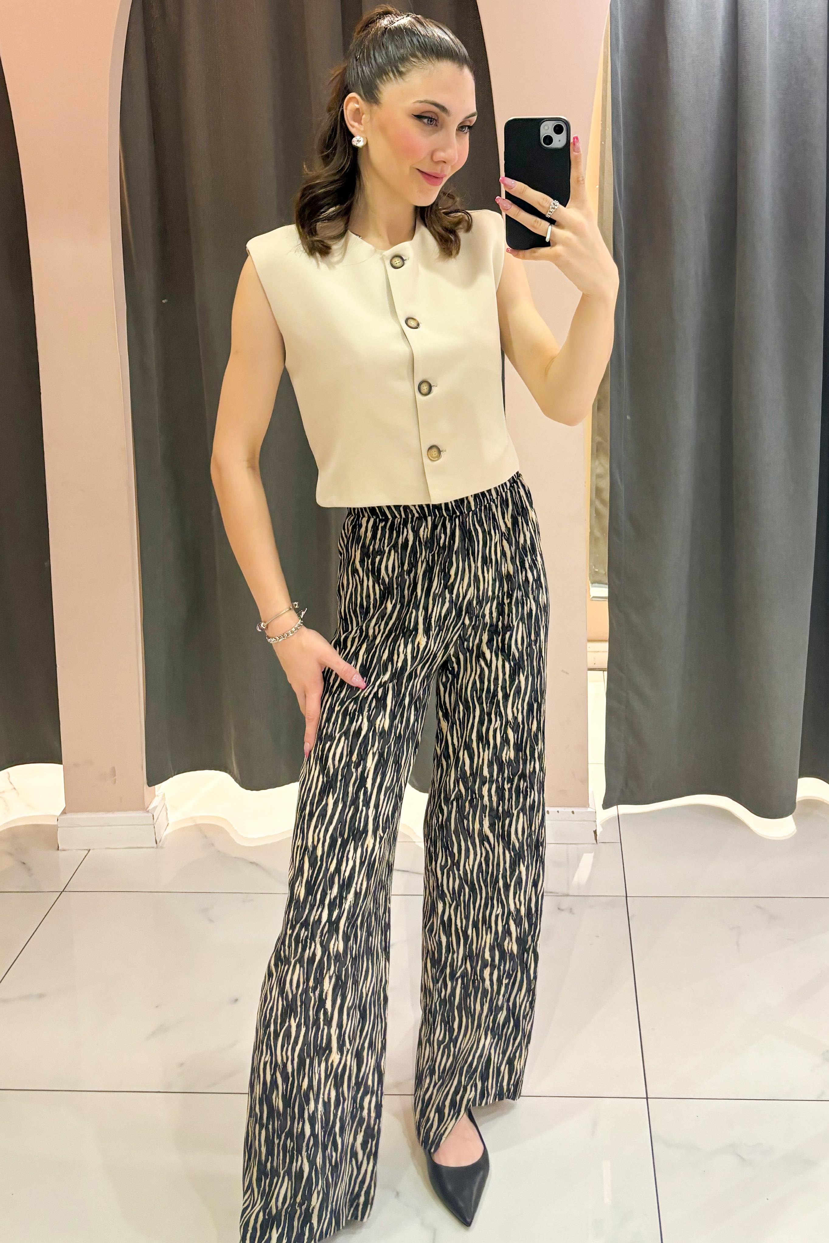Siyah Zebra Desenli Beli Lastikli Viskon Pantolon