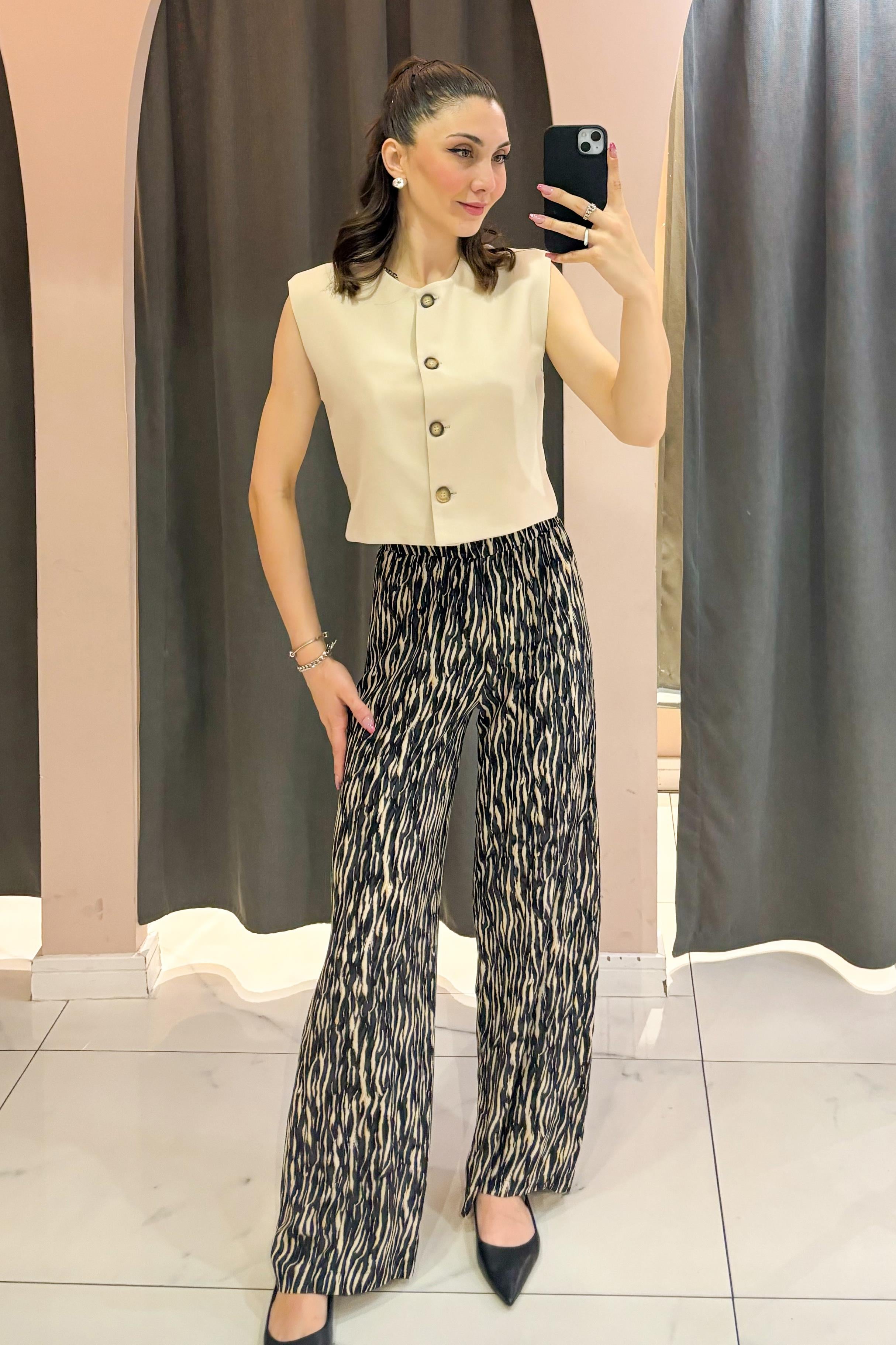 Siyah Zebra Desenli Beli Lastikli Viskon Pantolon