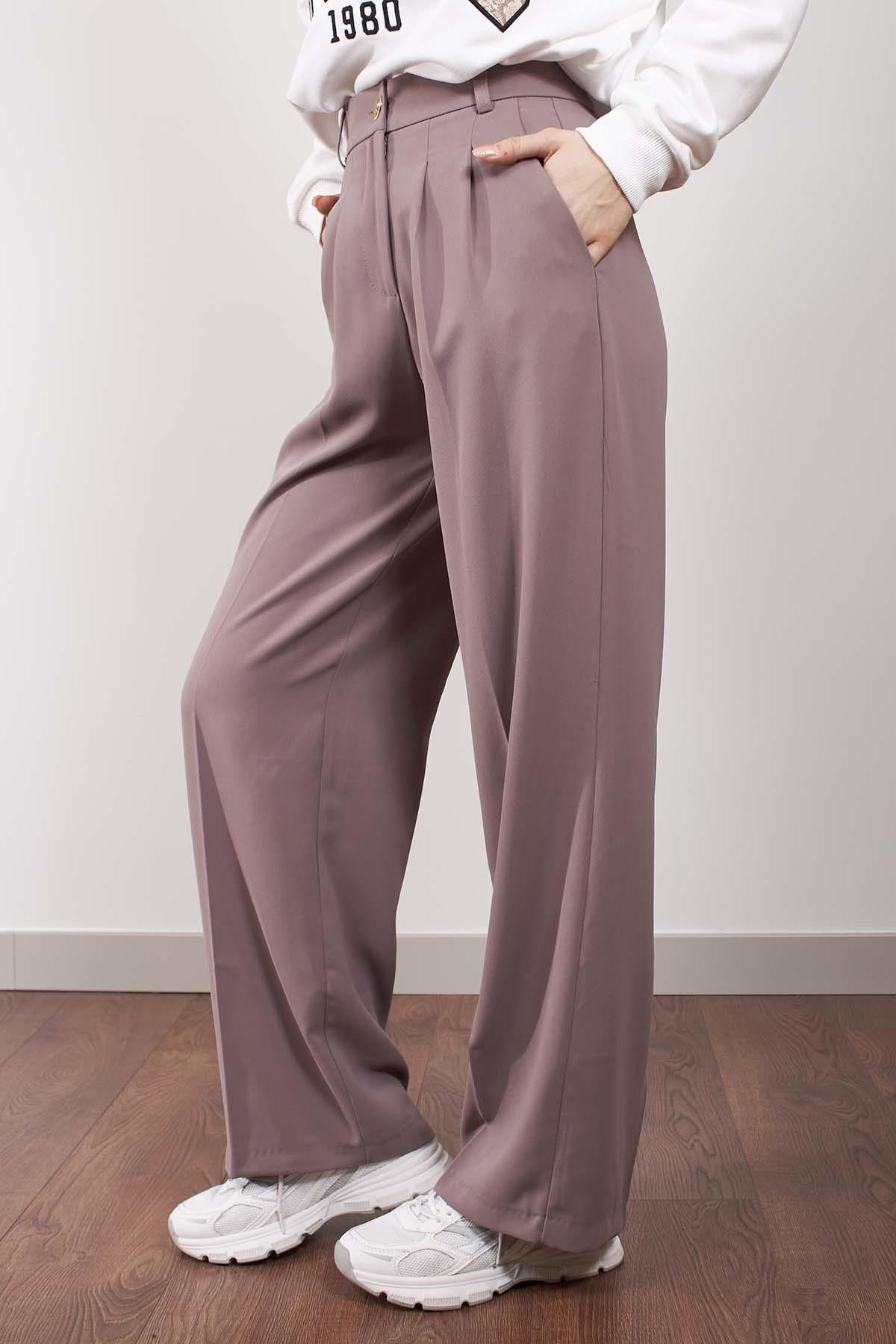 Vizon Beli Lastikli Gold Düğmeli Geniş Paça Pantolon