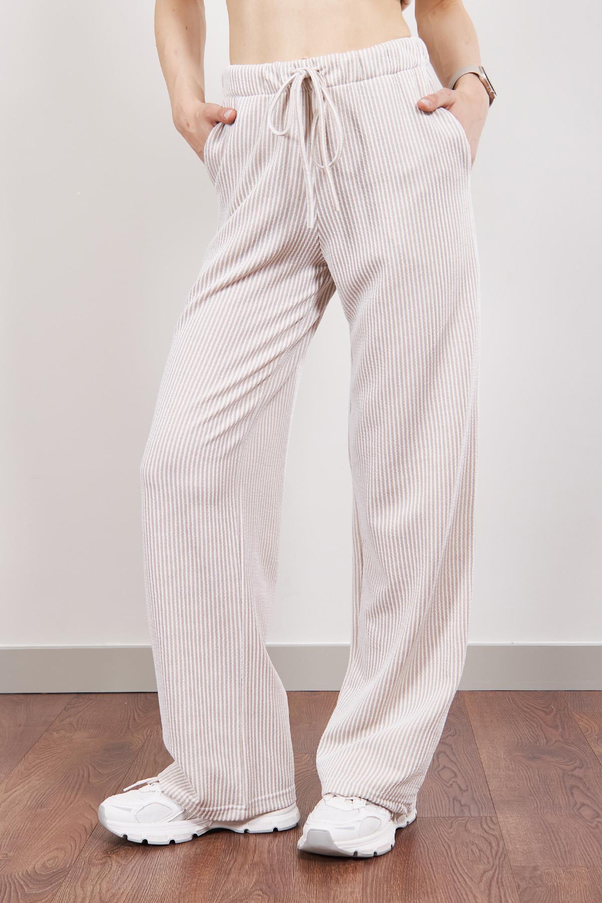 Vizon Elastik Belli Straight Fit Çizgili Pantolon