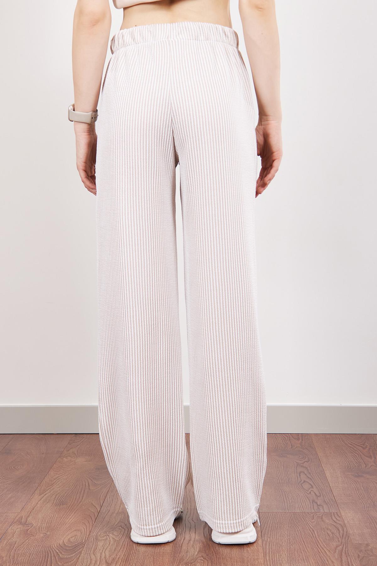 Vizon Elastik Belli Straight Fit Çizgili Pantolon