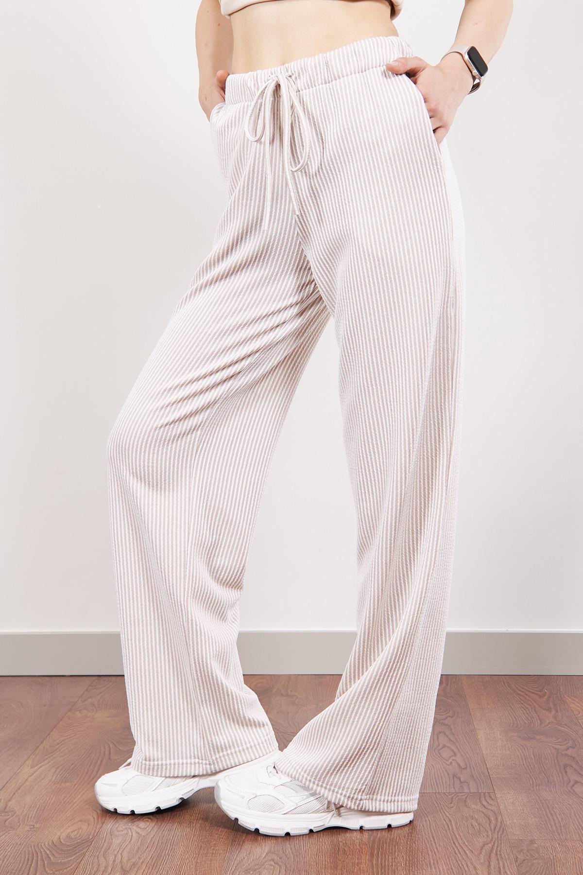 Vizon Elastik Belli Straight Fit Çizgili Pantolon