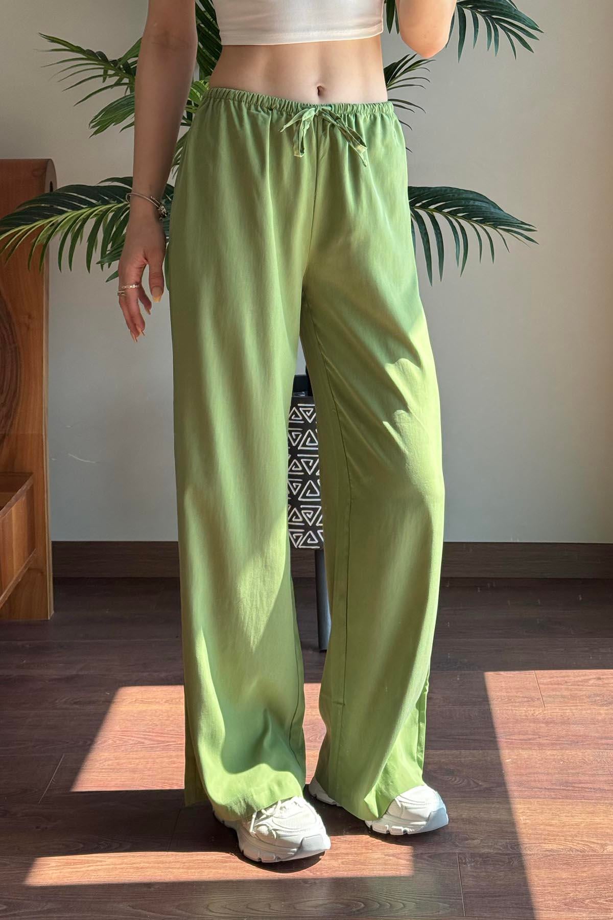Yeşil Modal Karışımlı Bağcıklı Pantolon