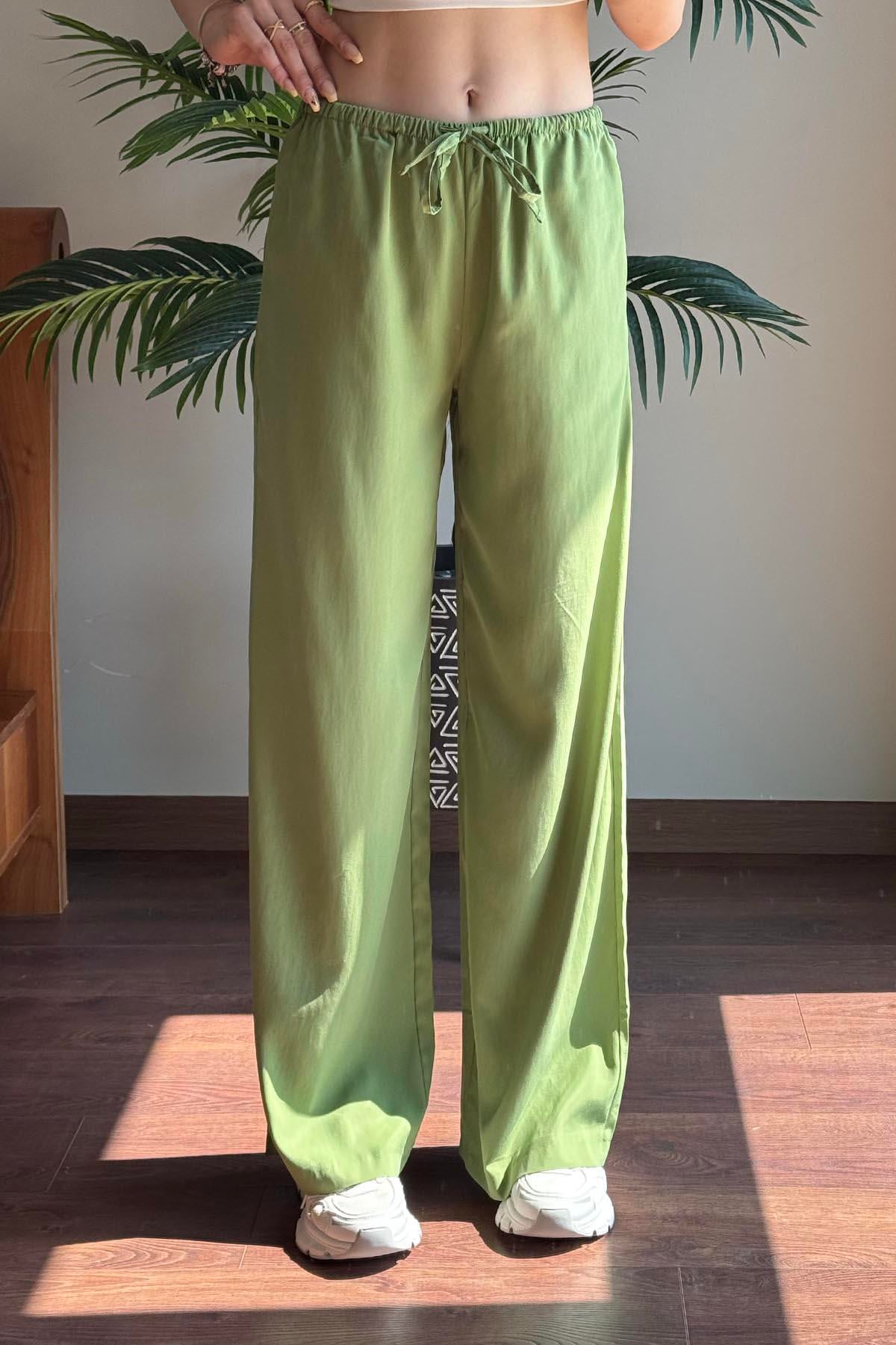 Yeşil Modal Karışımlı Bağcıklı Pantolon