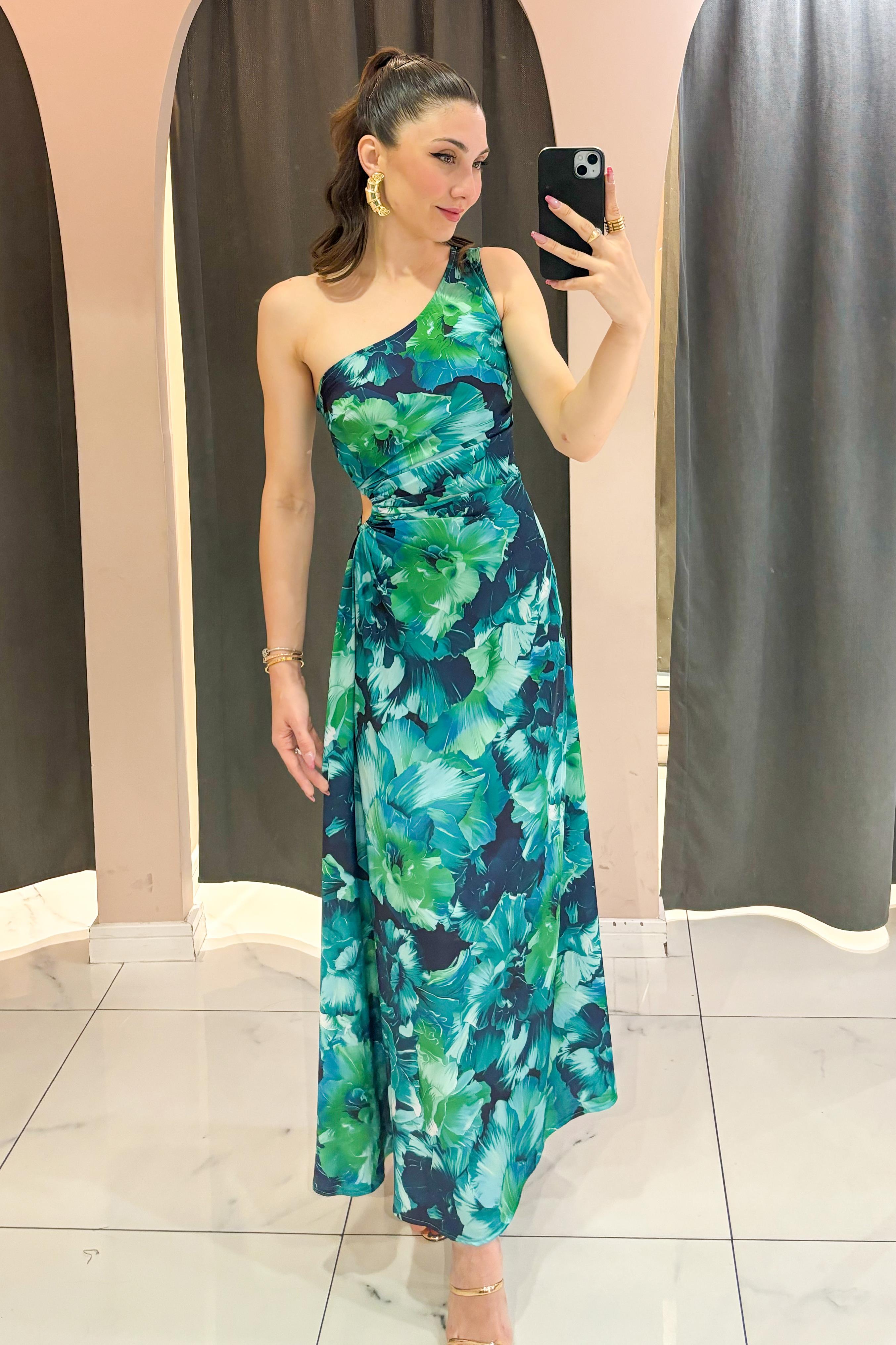 Yeşil Tek Omuz Bel Dekolteli Elbise