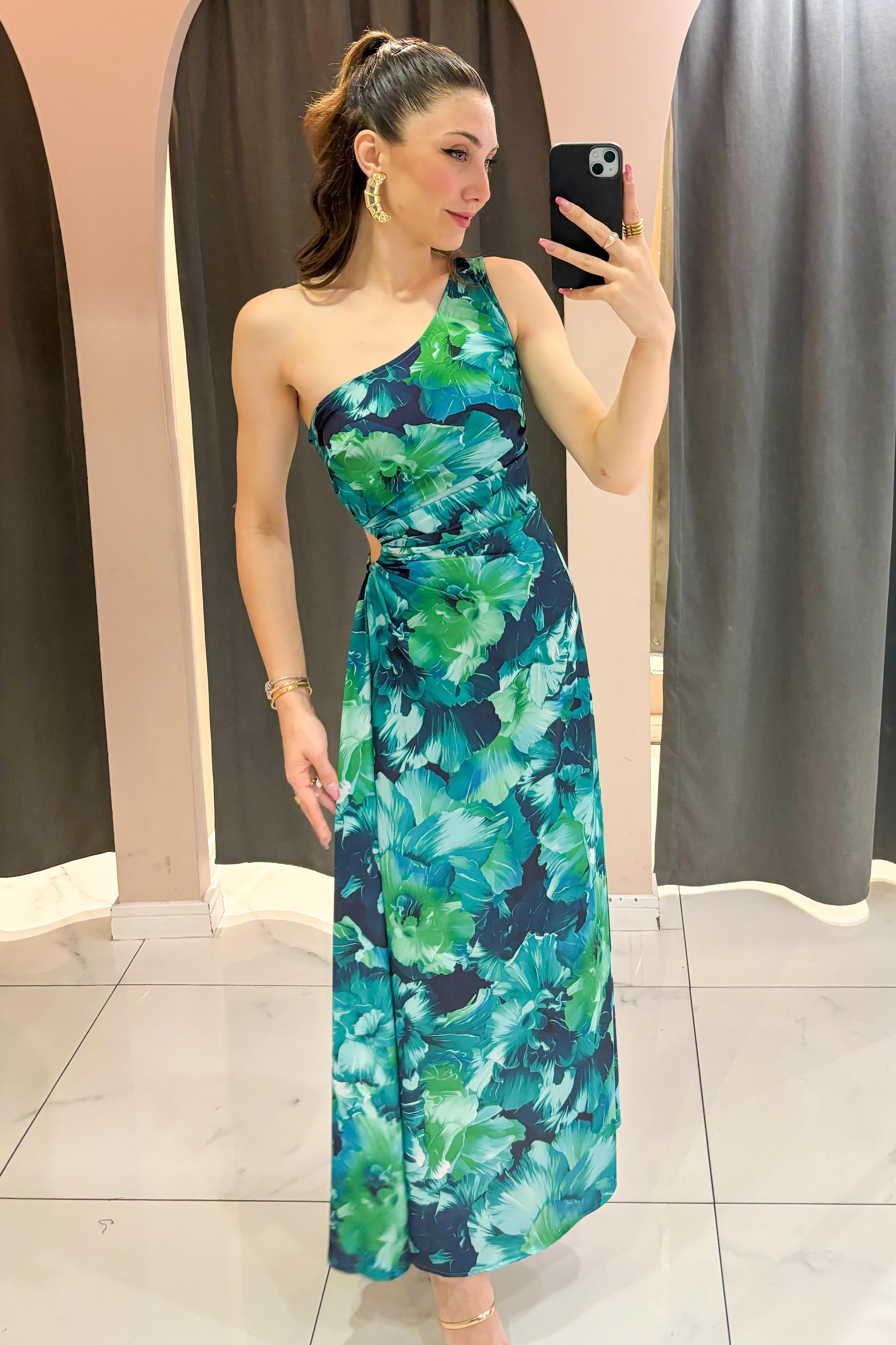 Yeşil Tek Omuz Bel Dekolteli Elbise