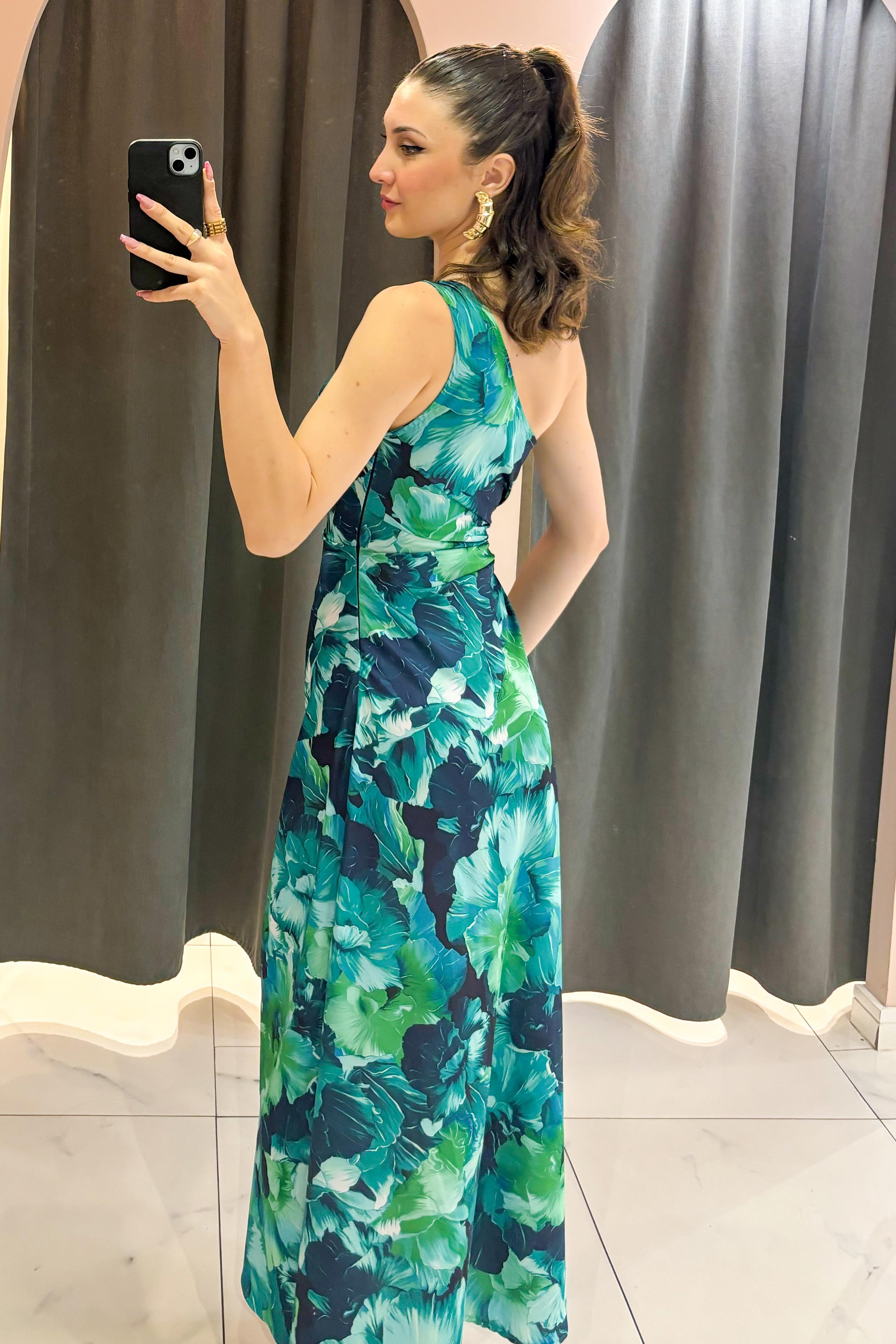 Yeşil Tek Omuz Bel Dekolteli Elbise