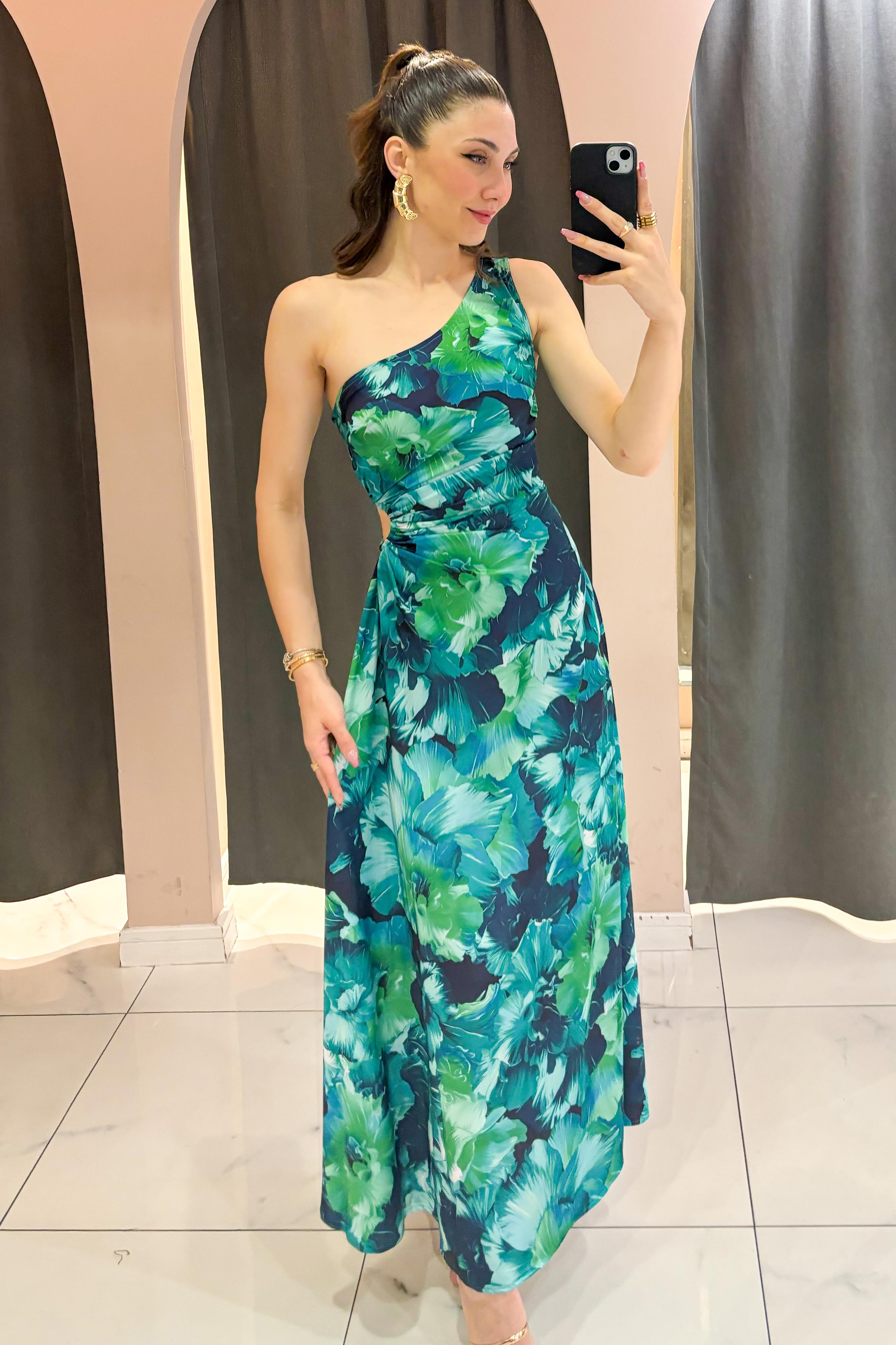 Yeşil Tek Omuz Bel Dekolteli Elbise