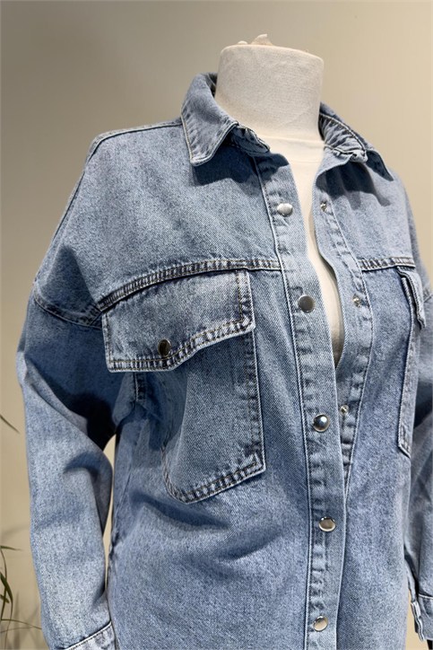 Açık Kar Yıkama Çıtçıtlı Denim Gömlek