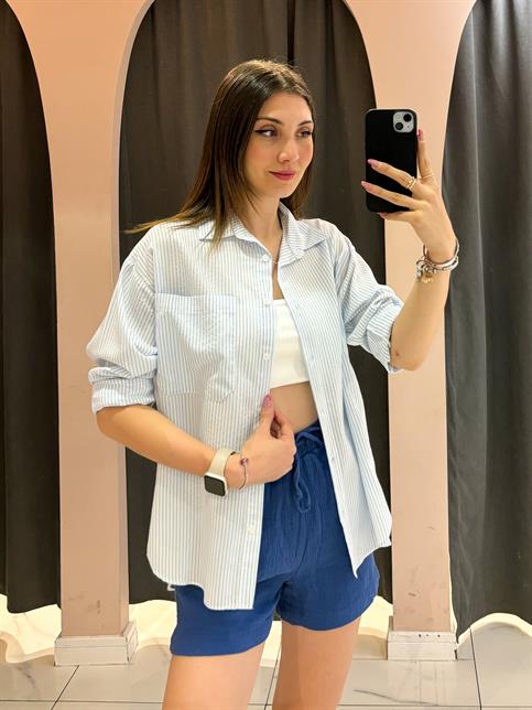 Açık Mavi Çizgili Oversize Gömlek