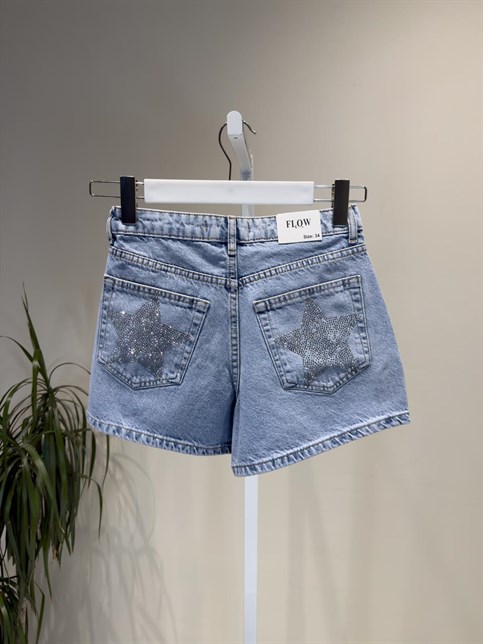 Açık Mavi Yıldız Baskılı Denim Şort