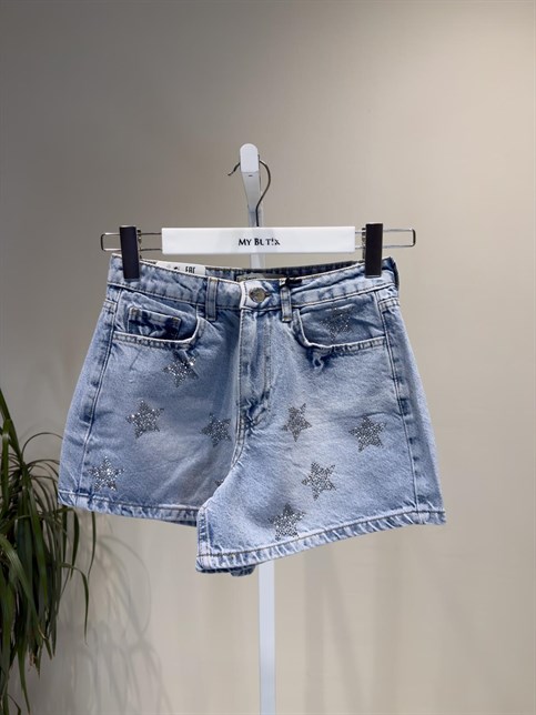 Açık Mavi Yıldız Baskılı Denim Şort