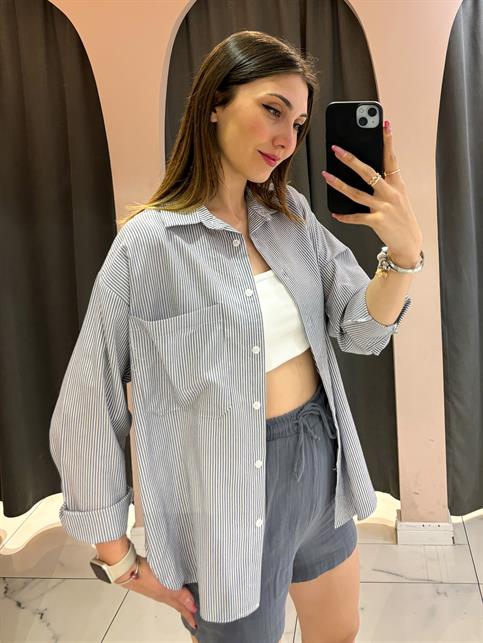 Antrasit Çizgili Oversize Gömlek