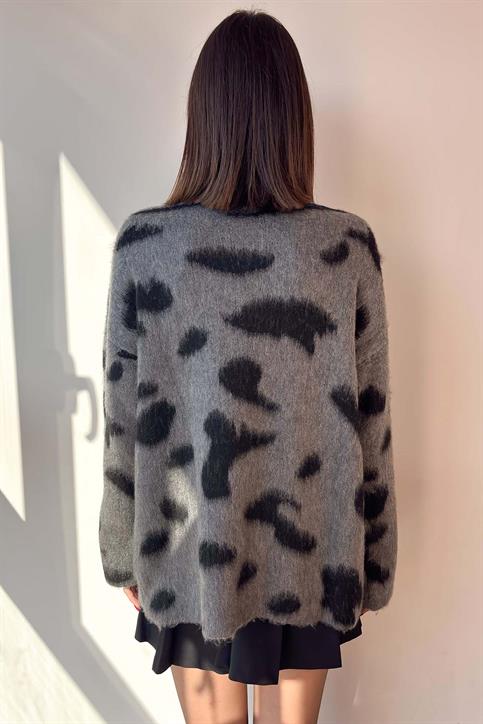 Antrasit Dik Yaka Oversize Leopar Desenli  Kazak