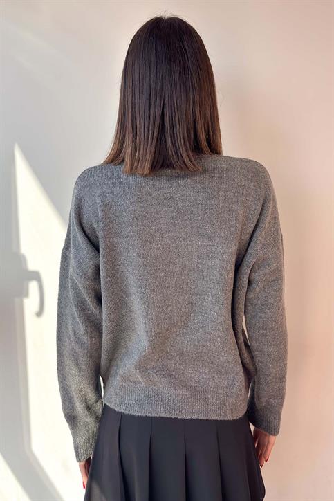 Antrasit Keten Çiçekli Oversize Kazak