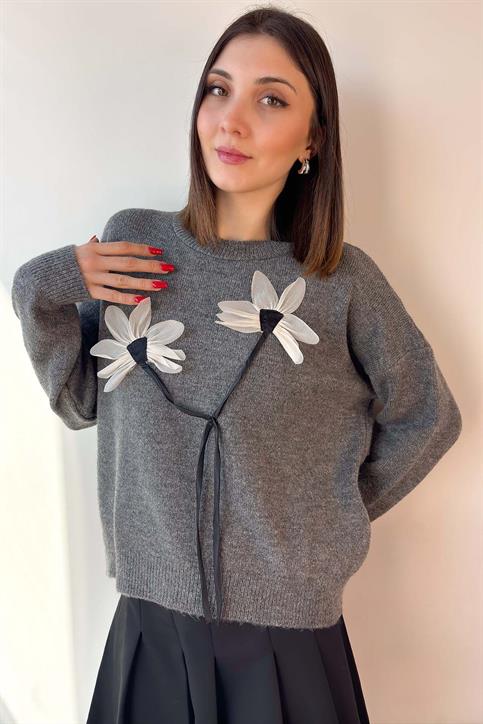 Antrasit Keten Çiçekli Oversize Kazak