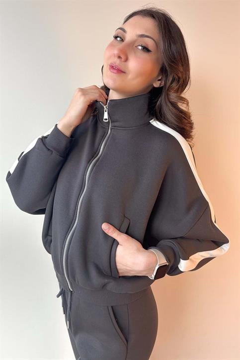 Antrasit Kol Şeritli Fermuarlı Üç İplik Sweatshirt