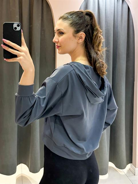 Antrasit V Yaka Kapüşonlu Sweatshirt
