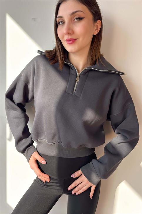 Antrasit Yaka Detaylı Crop Sweatshirt
