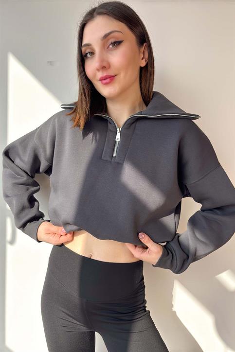 Antrasit Yaka Detaylı Crop Sweatshirt
