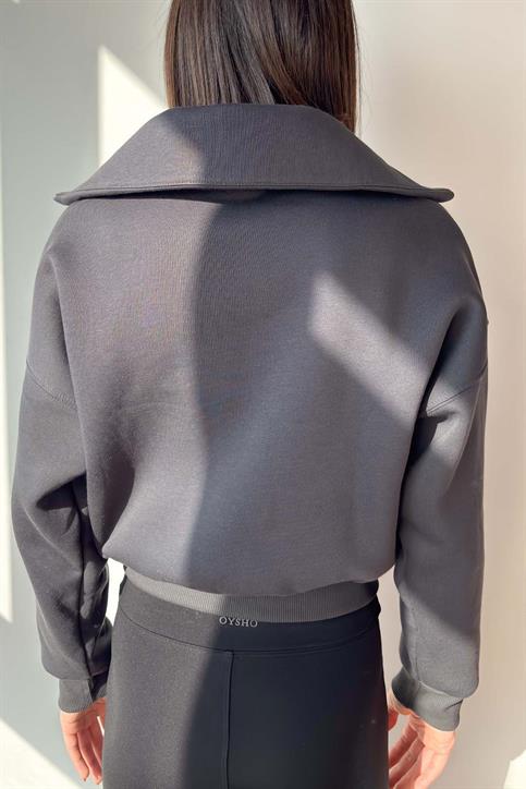 Antrasit Yaka Detaylı Crop Sweatshirt
