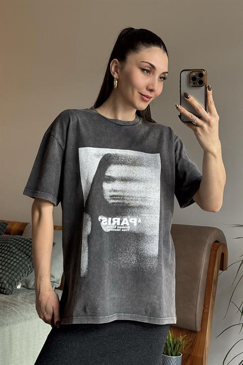 Antrasit Yanları Yırtmaçlı Kadın Baskılı T Shirt
