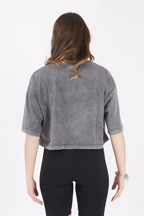 Antrasit Yıkamalı Crop T Shirt