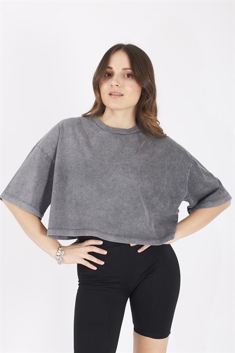 Antrasit Yıkamalı Crop T Shirt