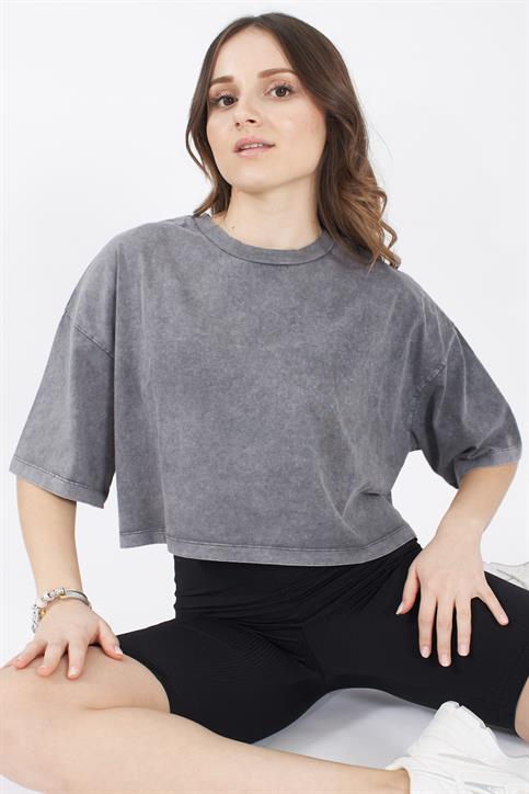 Antrasit Yıkamalı Crop T Shirt