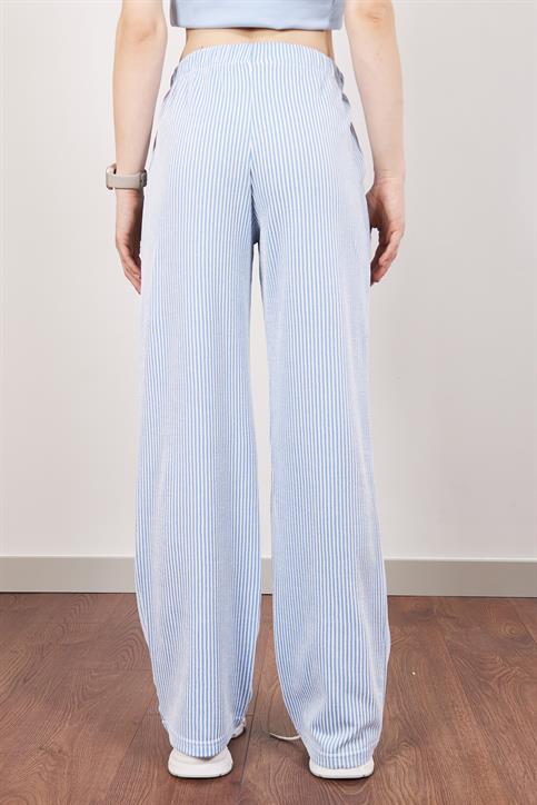 Bebe Mavisi Elastik Belli Straight Fit Çizgili Pantolon
