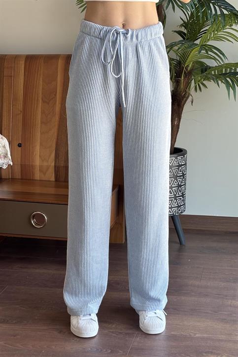 Bebe Mavisi Elastik Belli Straight Fit Çizgili Pantolon