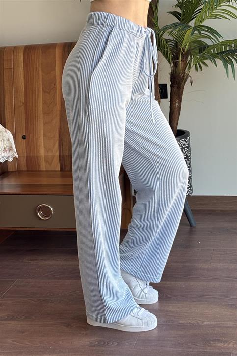 Bebe Mavisi Elastik Belli Straight Fit Çizgili Pantolon