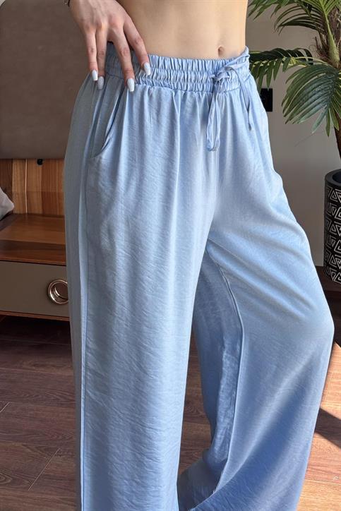 Bebe Mavisi Shine Simli Kumaş Palazzo Pantolon