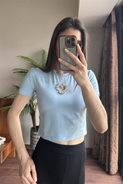 Bebe Mavisi Taş Kalp İşlemeli Crop T Shirt