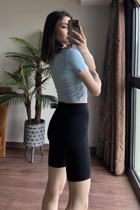 Bebe Mavisi Taş Kalp İşlemeli Crop T Shirt