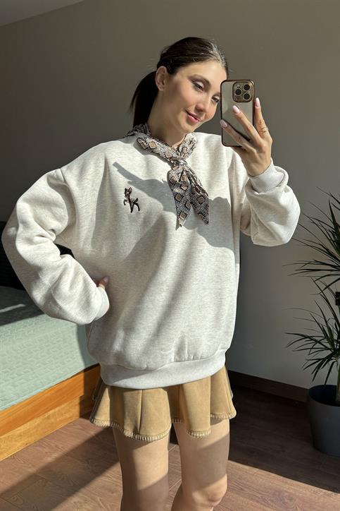 Bej Bambi Nakışlı Flarlı Sweatsihrt