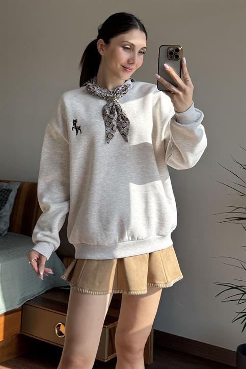 Bej Bambi Nakışlı Flarlı Sweatsihrt