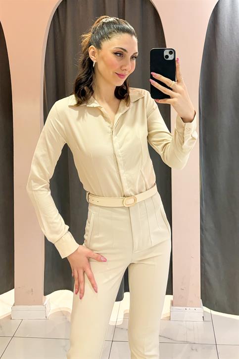 Bej Cepsiz Fit Gömlek
