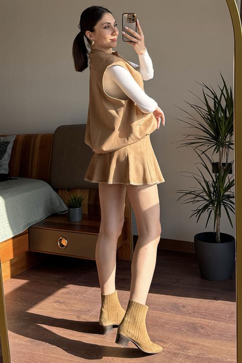 Bej Dikiş Detaylı Etek