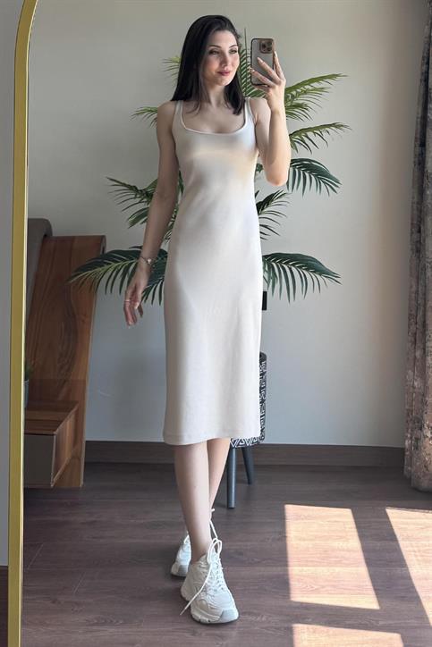 Bej Kalın Askılı Astarlı Elbise