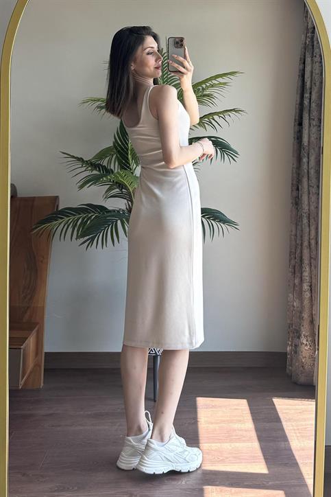 Bej Kalın Askılı Astarlı Elbise