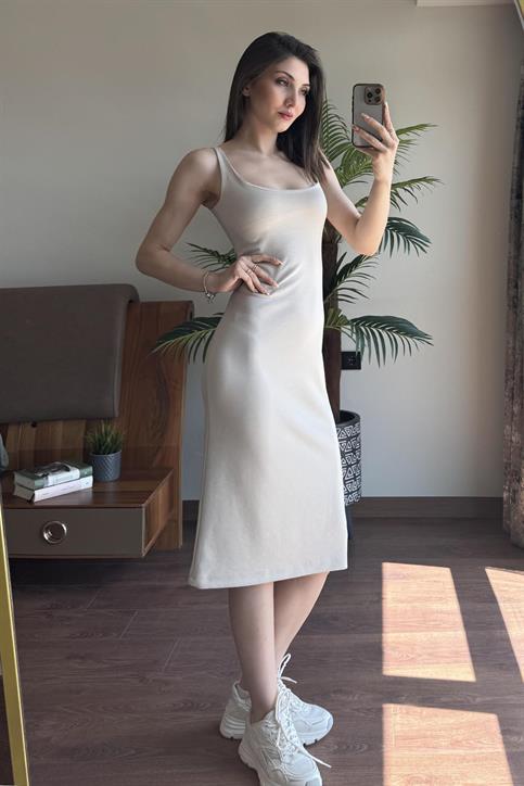 Bej Kalın Askılı Astarlı Elbise