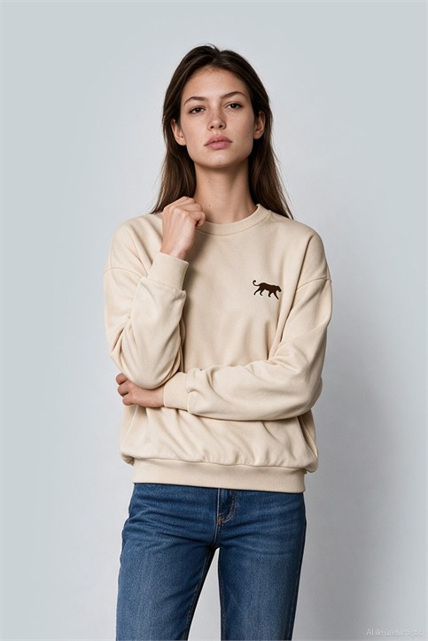 Bej Kaplan Nakışlı Üç İplik Şardonlu Sweatshirt