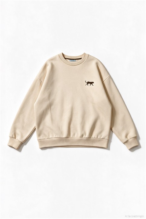 Bej Kaplan Nakışlı Üç İplik Şardonlu Sweatshirt