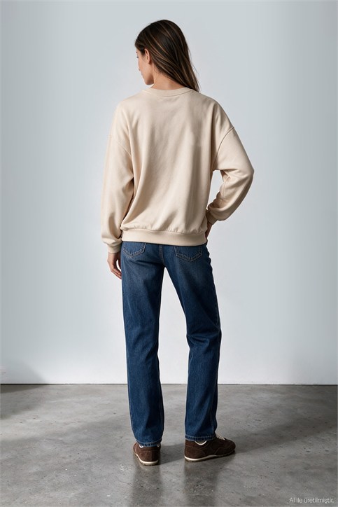 Bej Kaplan Nakışlı Üç İplik Şardonlu Sweatshirt
