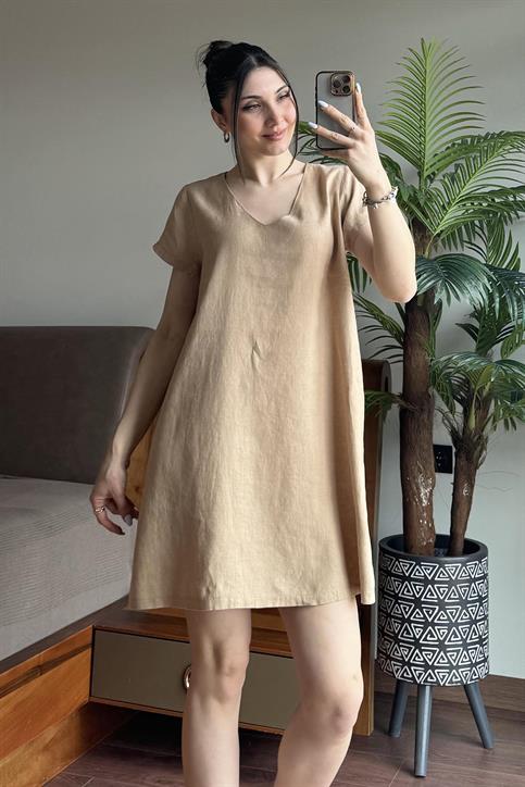 Bej Keten Elbise