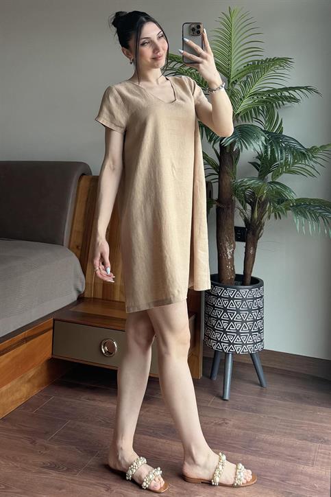 Bej Keten Elbise