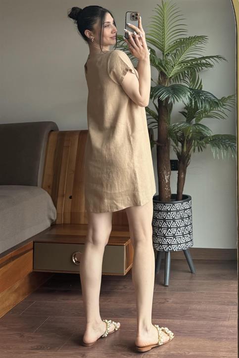 Bej Keten Elbise